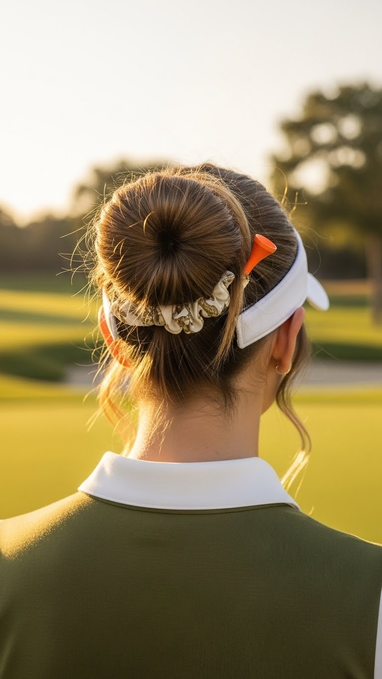 Chic Messy Bun Hairstyle With Wispy Strands For Golf, Styled With Scrunchie Against Blurred Green Fairway Background.