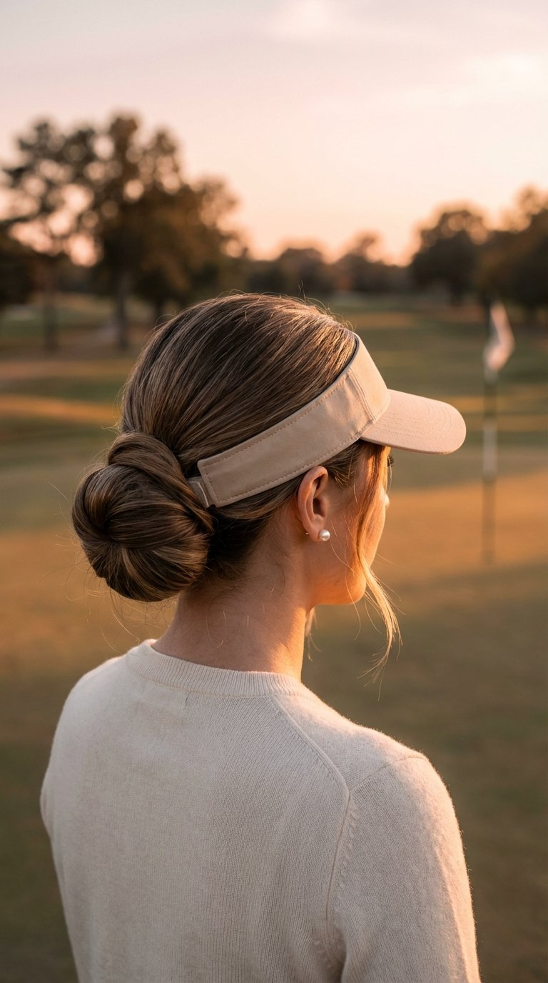 Chic Side-Swept Low Bun Hairstyle On Female Golfer With Elegant Off-Center Placement During Golden Hour Sunset