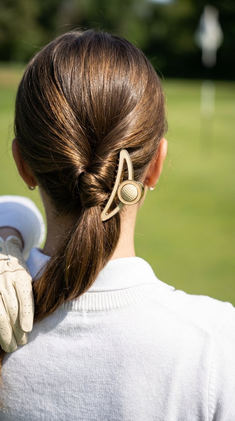 Chic Twisted Low Ponytail Secured With Magnetic Golf Ball Marker Clip On Putting Green Background