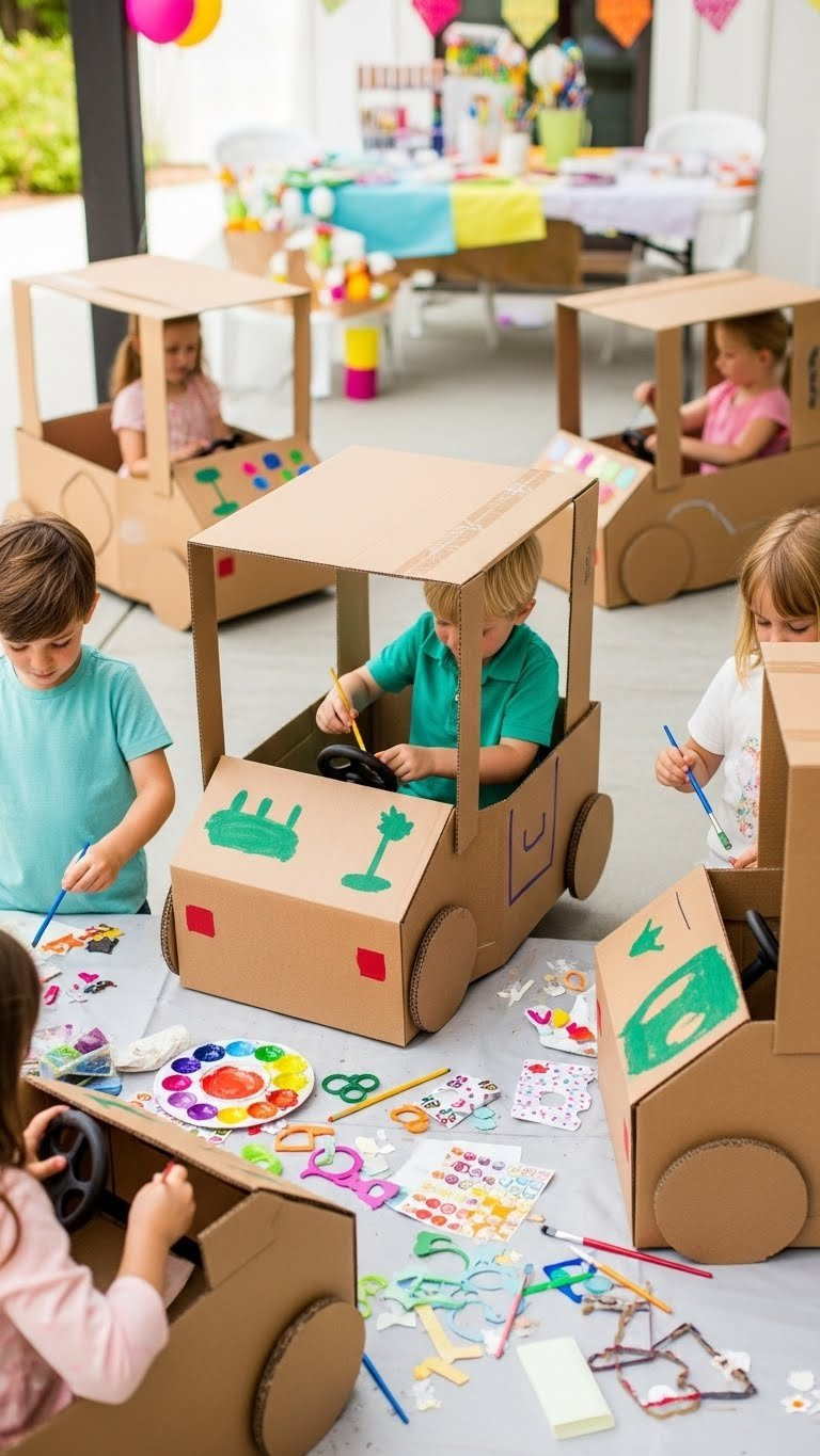 Children Decorating Diy Cardboard Golf Carts With Colorful Paint And Craft Supplies