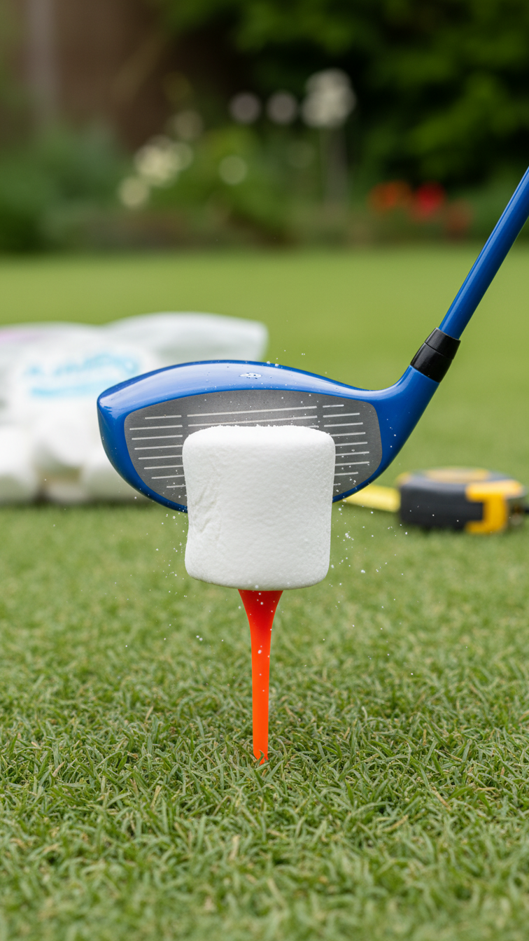 Child'S Golf Driver Hitting Large White Marshmallow Off Tee On Green Lawn During Family Golf Activity
