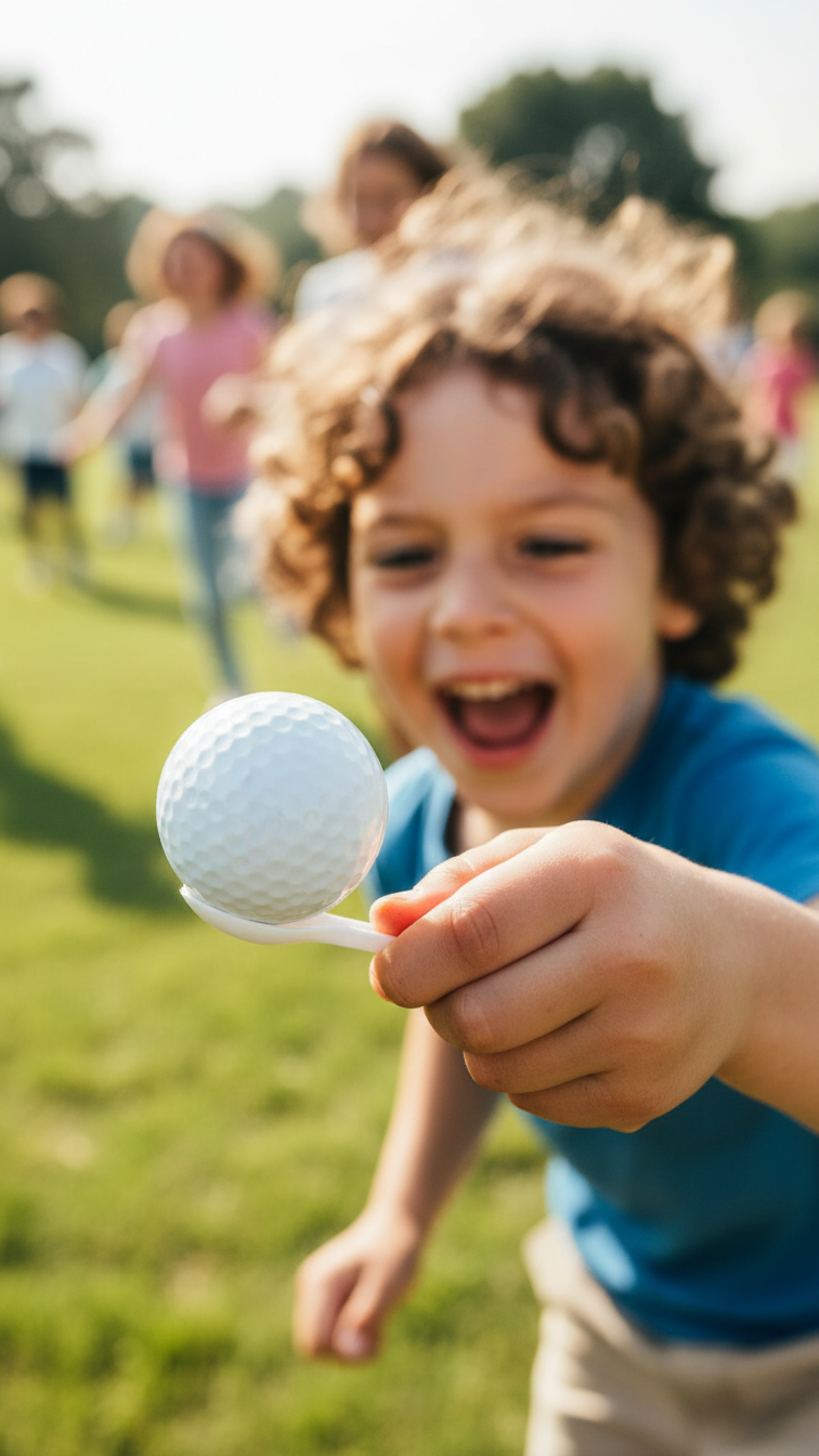 Child'S Hand Balancing White Golf Ball On Tee With Intense Concentration During Kids Party Game