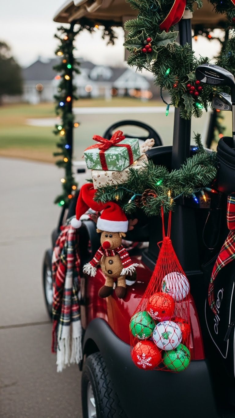 Christmas-Themed Golf Cart With Festive Lights And Decorated Red-Green Golf Balls In Holiday Arrangement