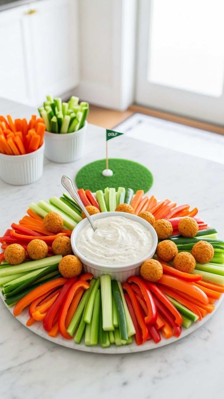 Circular Veggie Tray With Colorful Vegetables Surrounding Creamy White Dip Bowl Centerpiece And Golf Flag Toothpick
