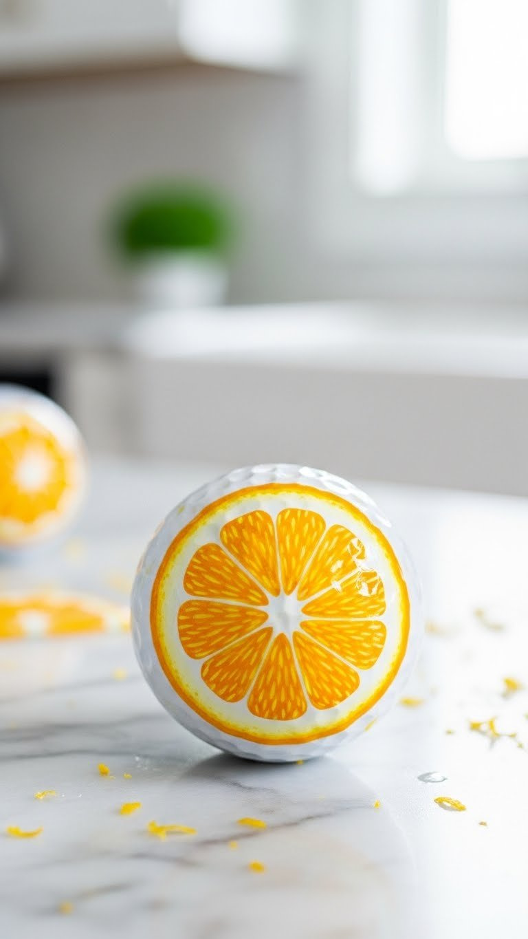 Citrus Slice Hand-Painted Golf Ball With Yellow-Orange Peel Texture On Marble Countertop With Soft Natural Lighting