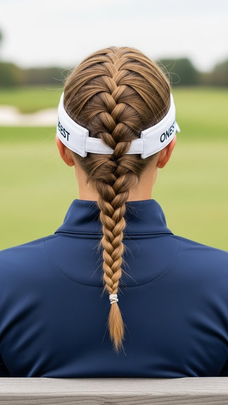 Classic French Braid Running Down Back Visible Below Golf Visor On Female Golfer Against Neutral Practice Mat Background