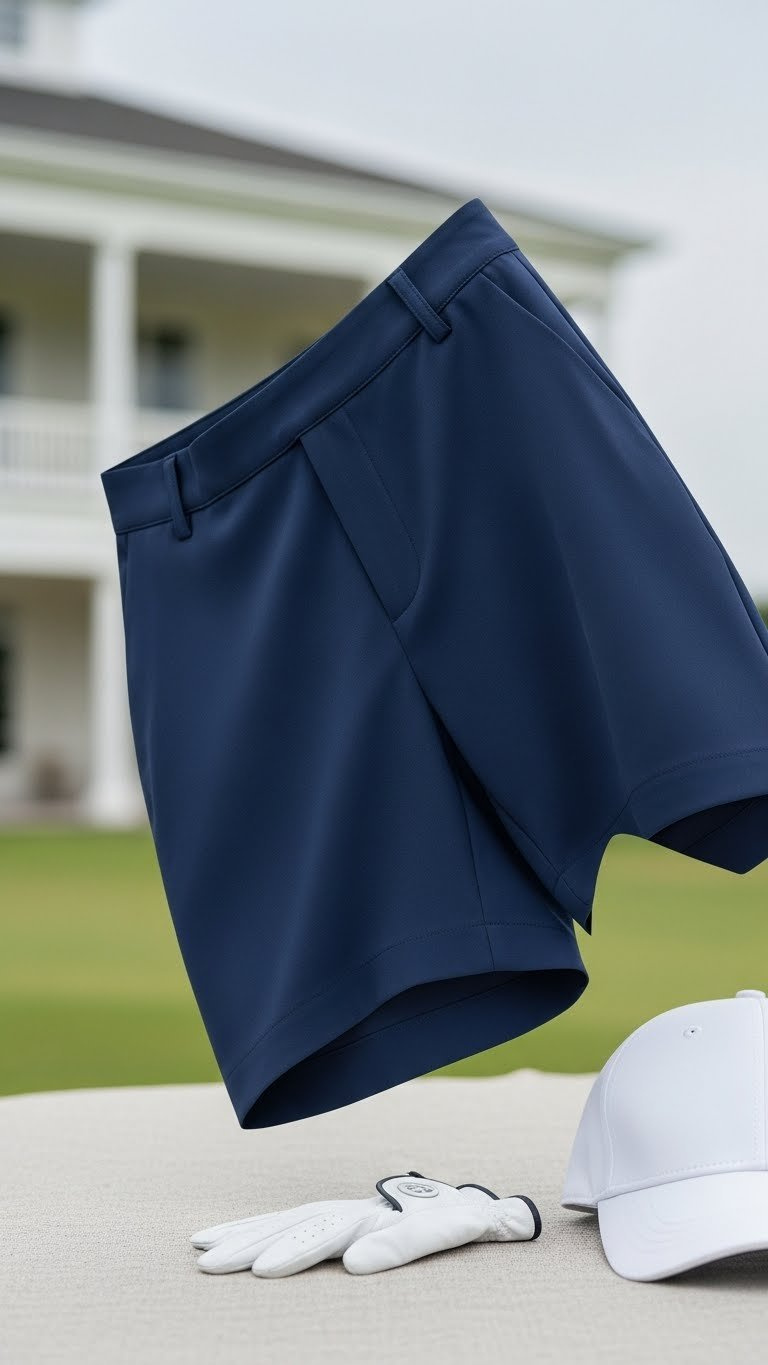Classic Navy Blue Knee-Length Women'S Golf Shorts In Dynamic Movement On Textured Linen Surface With Clubhouse Backdrop