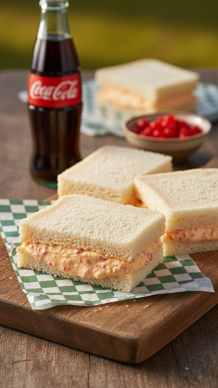 Classic Pimento Cheese Sandwiches Cut Diagonally Showing Orange-Flecked Filling, Displayed On Green-Checkered Paper Wrapper.
