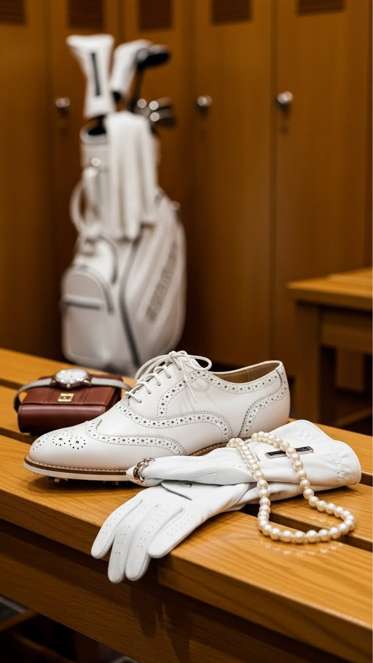 Classic White Leather Golf Shoes With Brogue Details Next To Golf Glove And Pearl Necklace On Wooden Bench