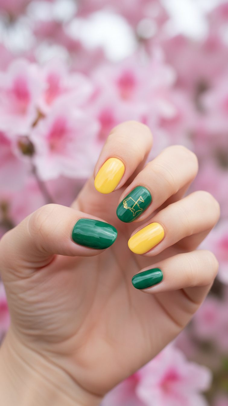 Clean Minimalist Manicure With Masters Tournament Colors Alternating Deep Green And Vibrant Yellow Against Pink Azalea Background