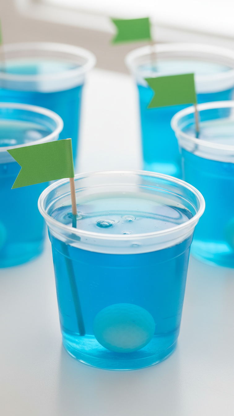 Clear Plastic Cup With Vibrant Blue Jello Containing Suspended White Candy Golf Ball And Green Flag Garnish.