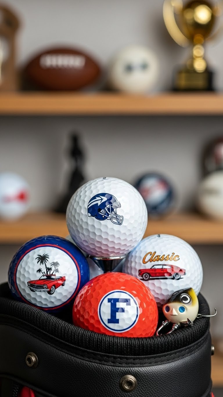 Decorated Golf Balls For Husband: Lasting &Amp; Unique Gifts Close-Up Angle Of Golf Balls Decorated With Sports Team Logos And Hobby Themes On Stylish Display Stand