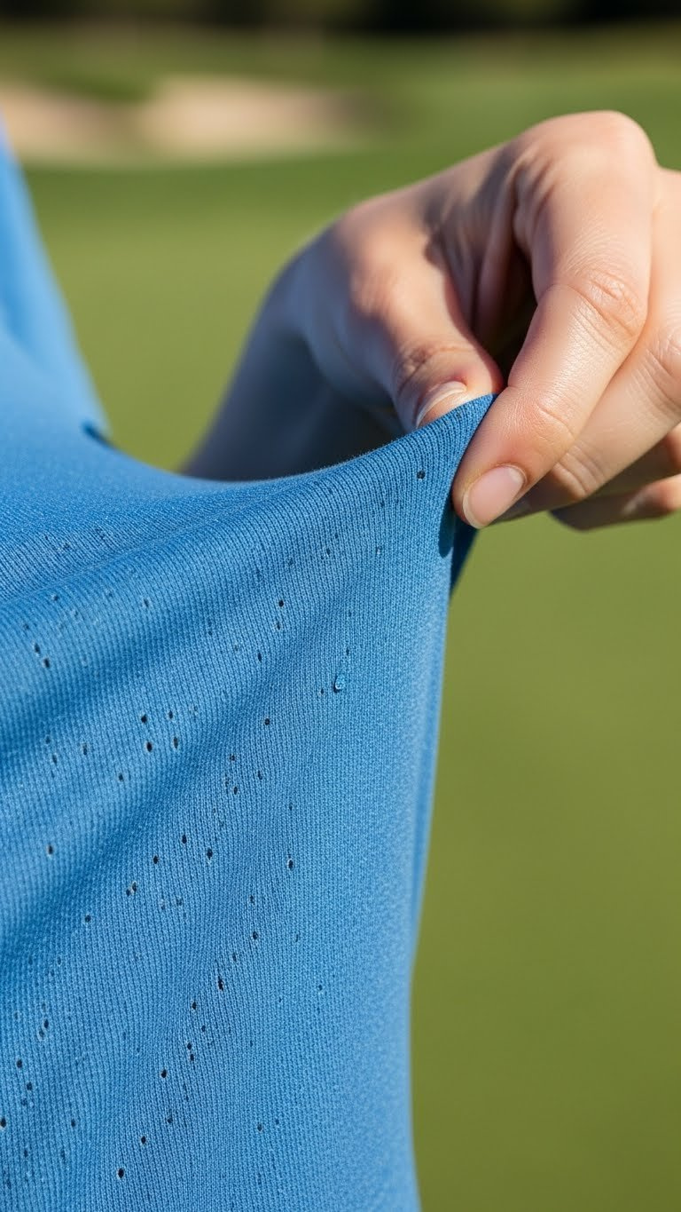 Close-Up Macro Detail Of Moisture-Wicking Golf Polo Fabric Texture Being Stretched By Female Hand In Sunlight