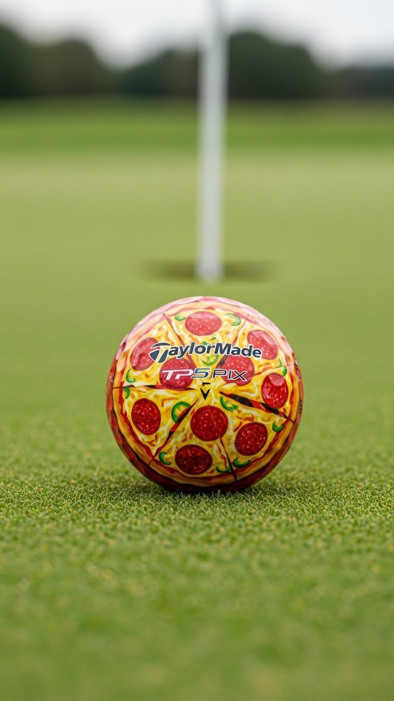 Close-Up Macro Shot Of Taylormade Tp5 Pix Pizza Golf Ball With Detailed Pepperoni And Cheese Graphics On Fresh Green Golf Course Grass With Bokeh Background