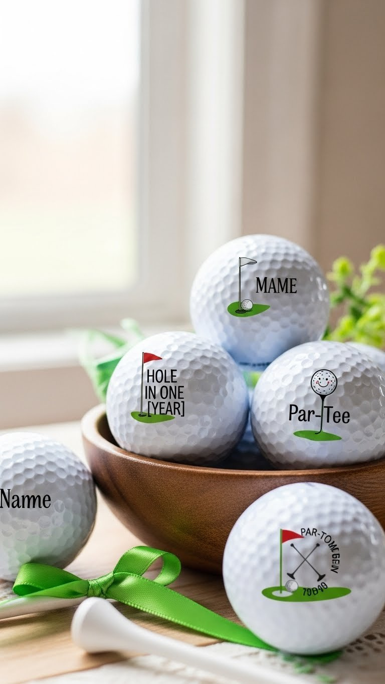 Close-Up Macro Shot Of Personalized Golf Ball Party Favors In Decorative Bowl With Custom Graphics And Festive Decorations