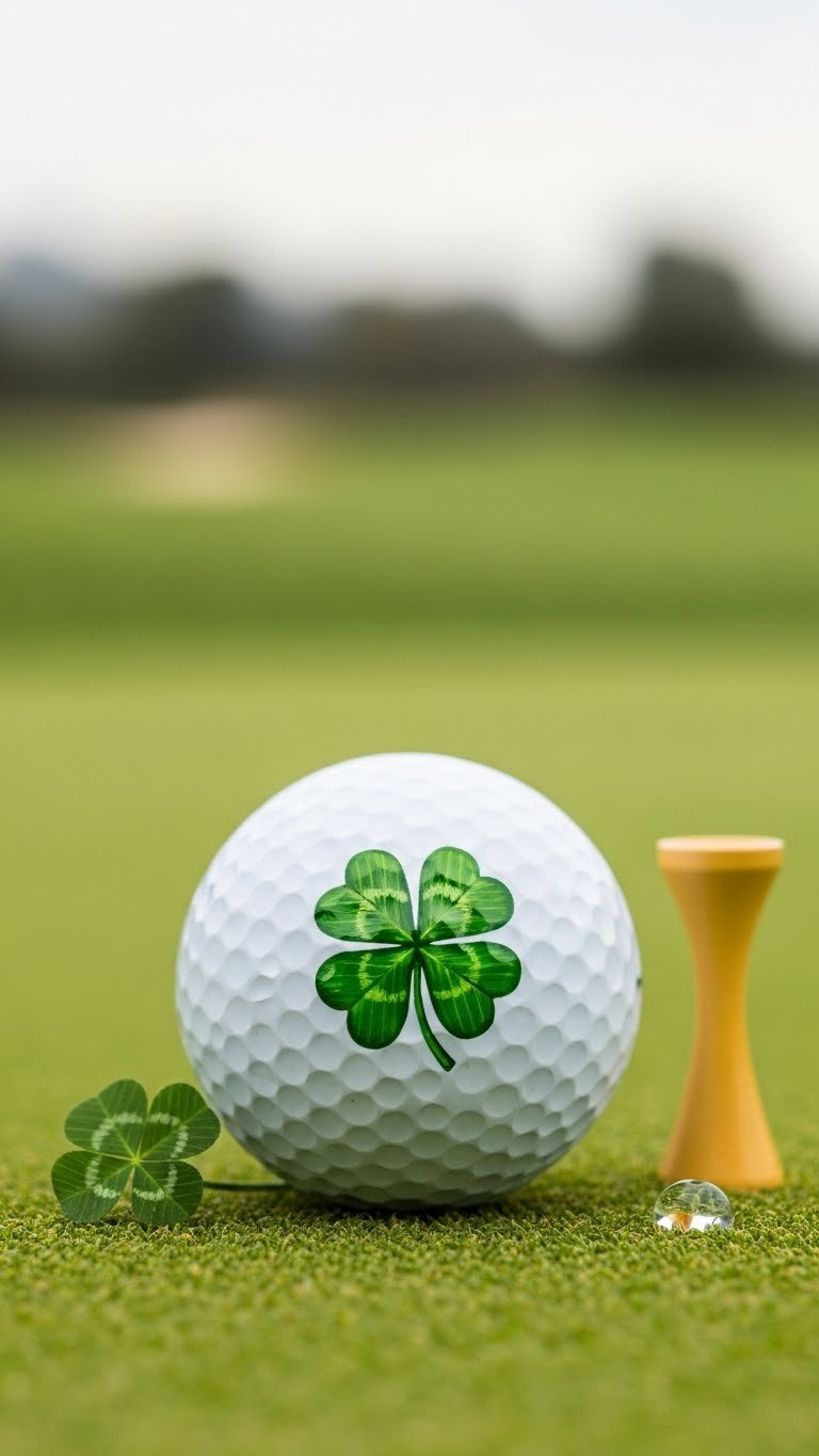 Close-Up Macro Shot Of White Golf Ball With Vibrant Green Four-Leaf Clover Painted On Side Against Soft Bokeh Golf Course Background