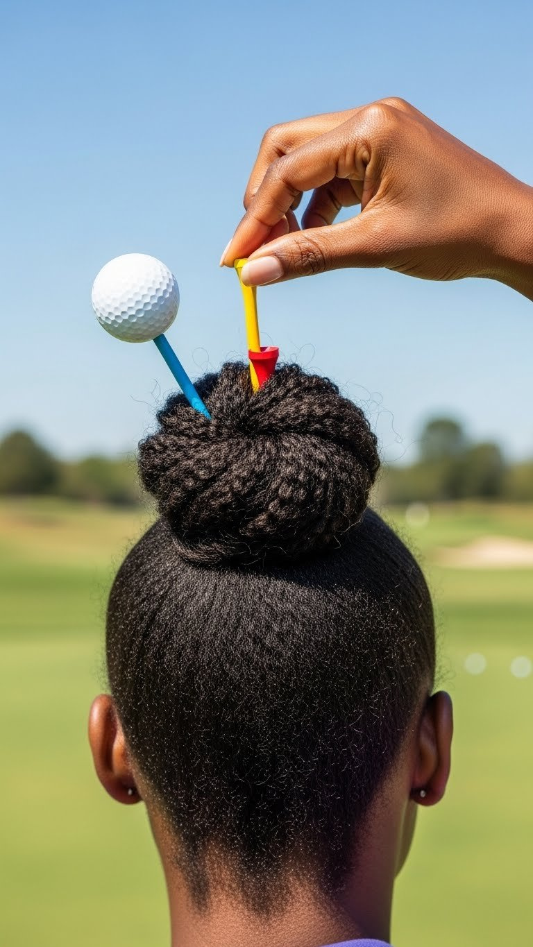 Close-Up Of Black Woman'S Hand Using Golf Tee As Hair Accessory Securing Bun On Golf Course