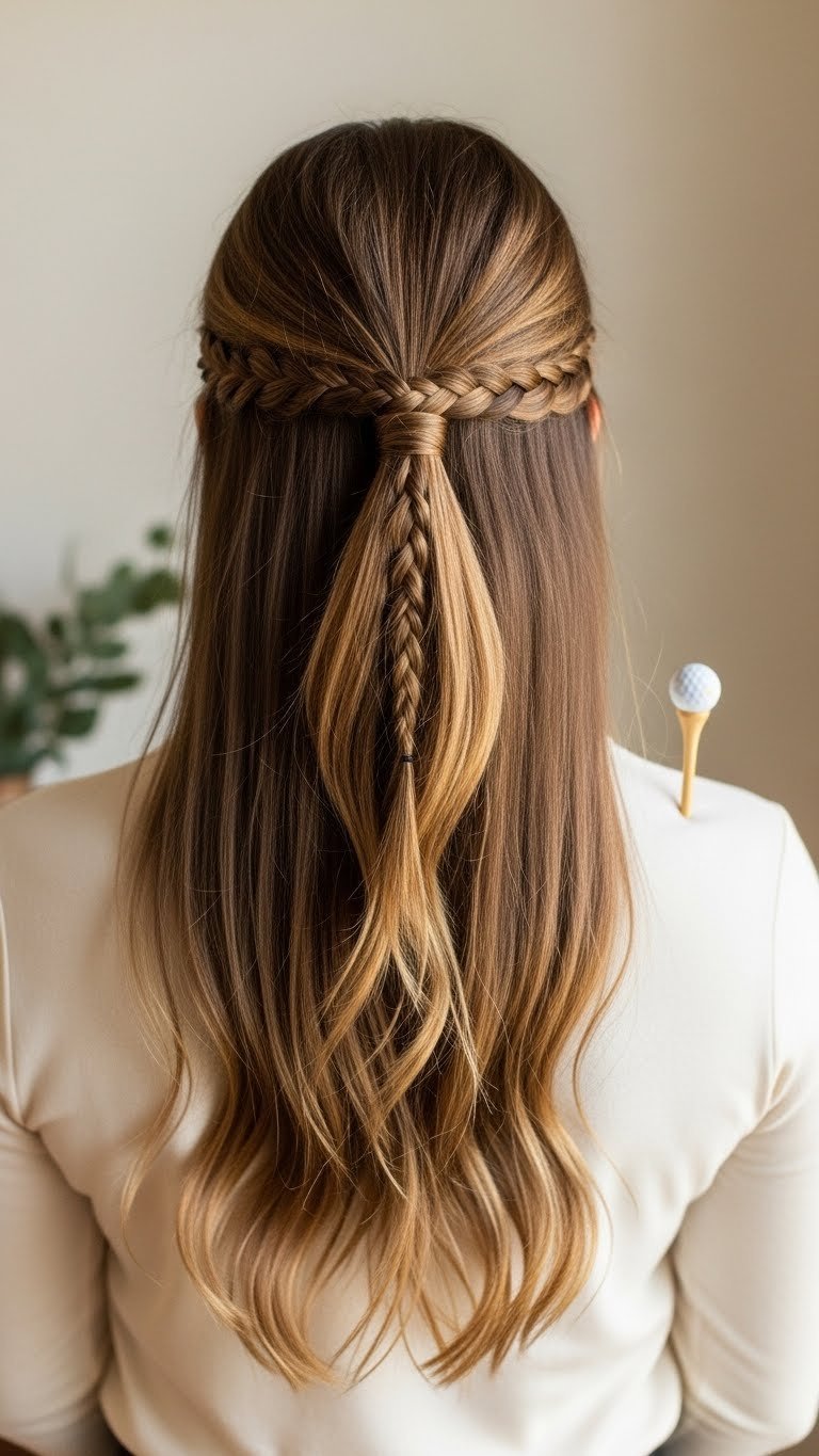 Close-Up Of A Female Golfer'S Elegant Half-Ponytail With A Braid Accent And Flowing Hair Against A Soft, Neutral Backdrop.