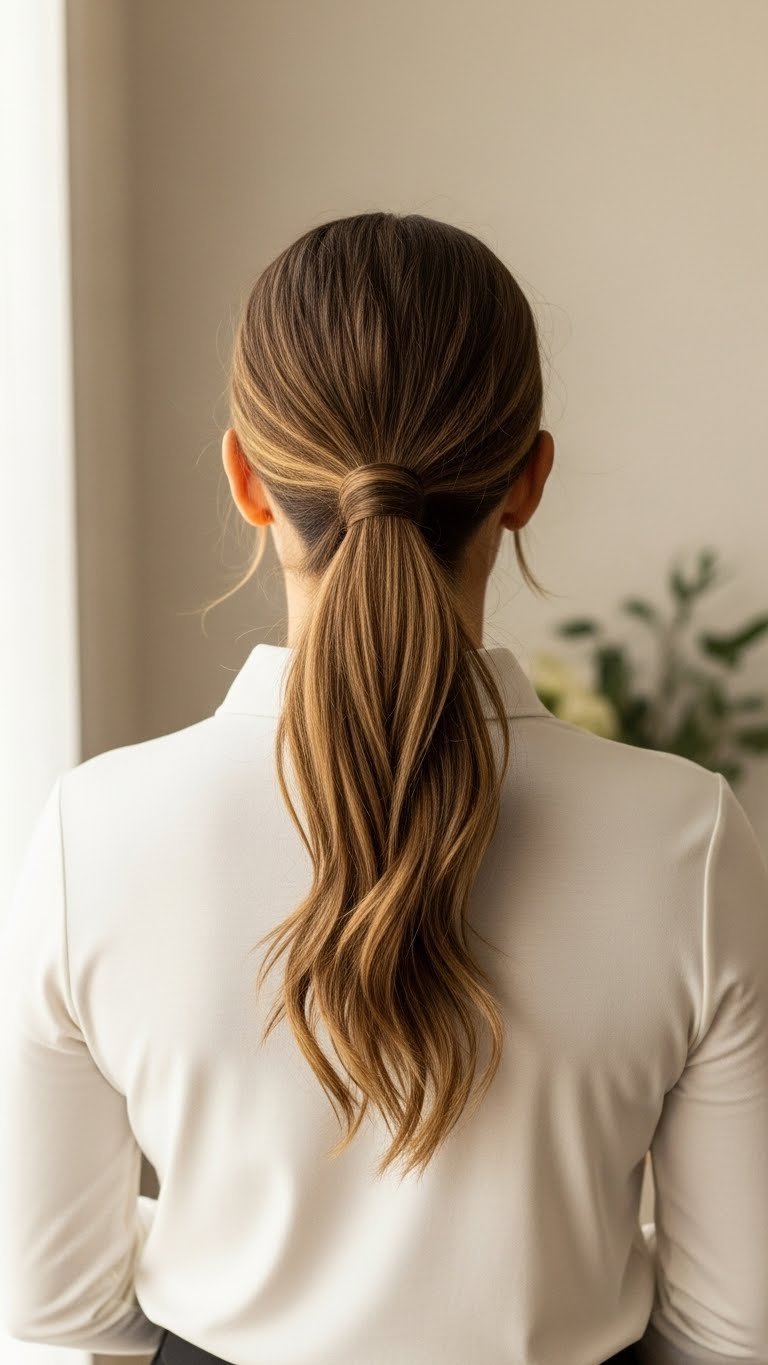 Close-Up Of A Female Golfer'S Minimalist Half-Pony Tuck With Sleek, Polished Hair Against A Soft, Neutral Background.