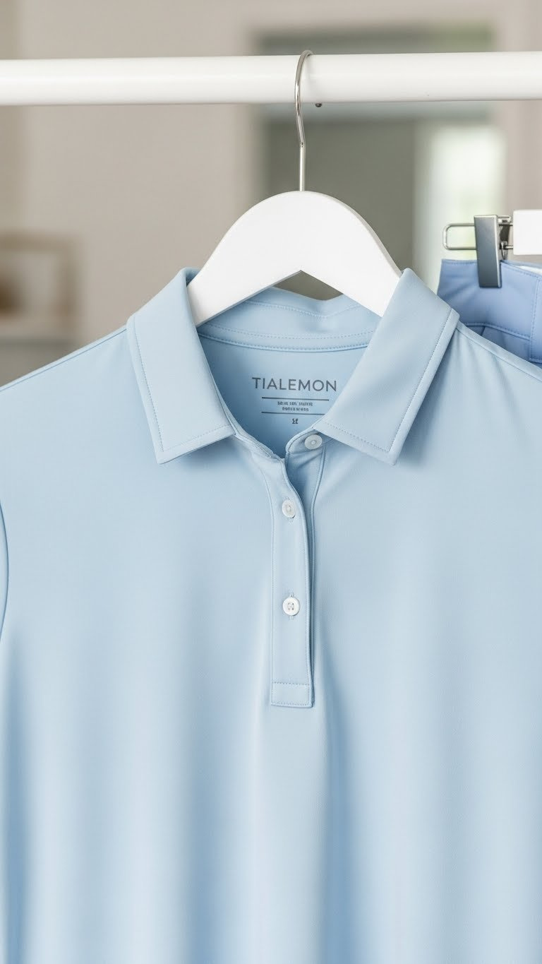 Close-Up Of A Light Blue Moisture-Wicking Women'S Golf Polo Shirt With Structured Collar On White Hanger Against Soft Background