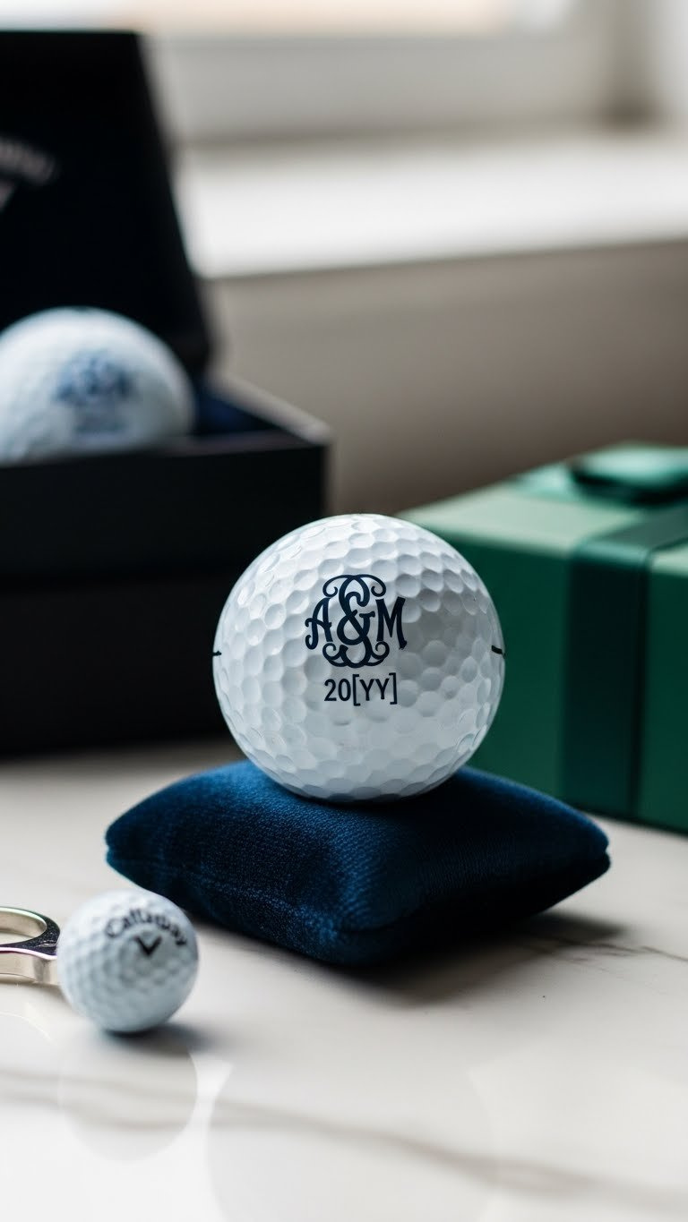 Close-Up Of A Premium Callaway Golf Ball Featuring An Elegant Monogrammed Anniversary Logo On A Velvet Cushion.