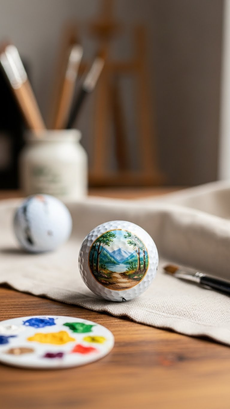 Close-Up Of A White Golf Ball With Intricate Hand-Painted Miniature Landscape Scene Showcasing Fine Brushwork Against Rustic Wooden Table Background.