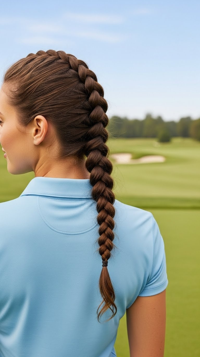 Close-Up Of A Woman'S Defined Curly French Braid Flowing Into A Bouncy Ponytail, Ideal For Dynamic Golf Movement On The Course.