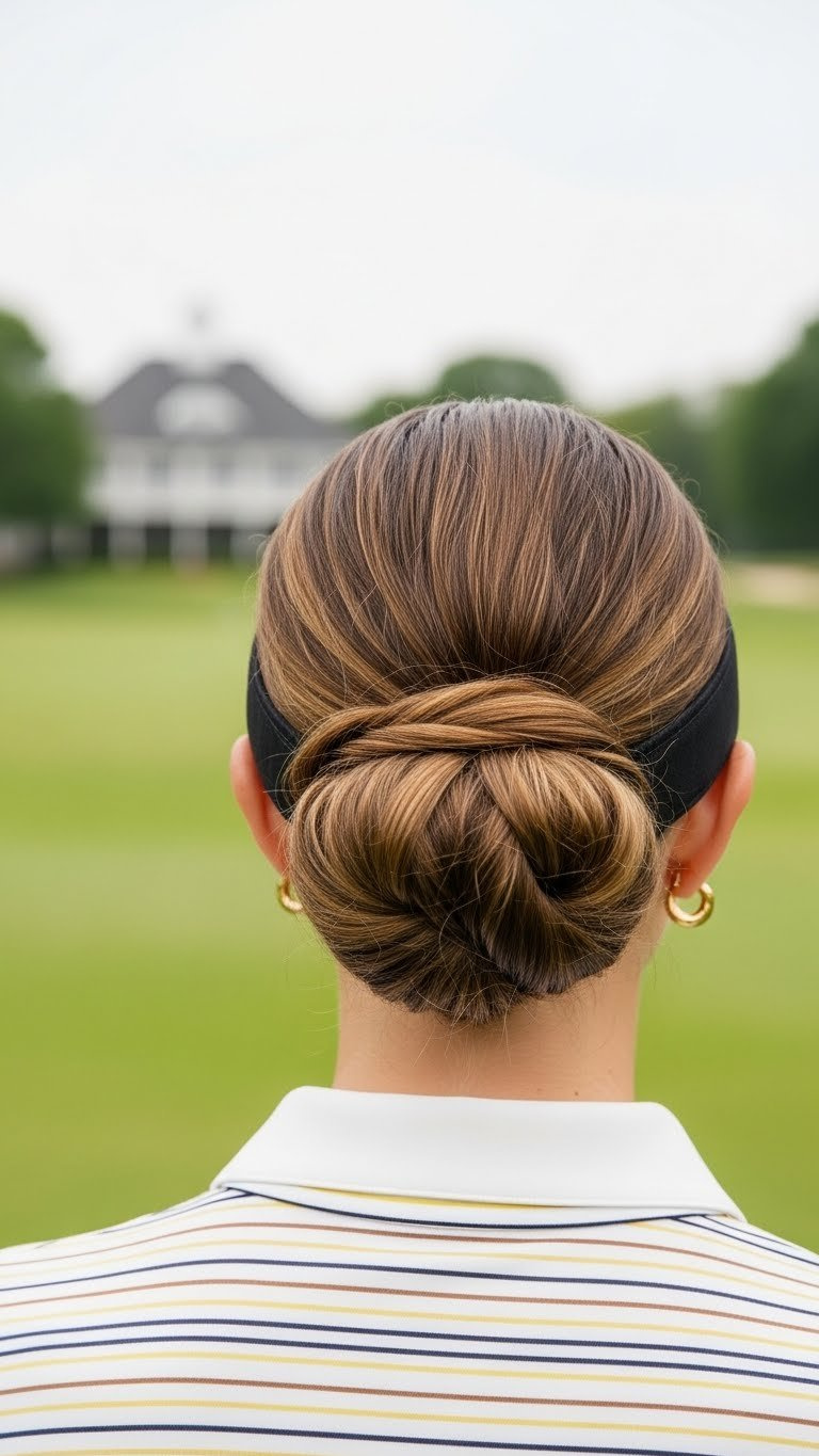Close-Up Of A Woman'S Elegant Low, Polished Curly Bun, Perfect For Golf, With A Subtle Gold Earring And Golf Course Background.