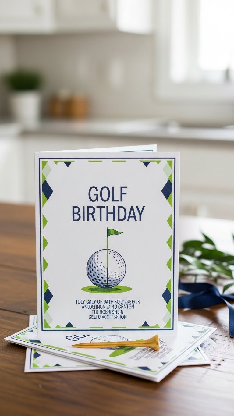 Close-Up Of Elegant Golf Birthday Invitation With Kelly Green Argyle Pattern, Navy Blue Accents, And Miniature Golf Ball On Rustic Wooden Table