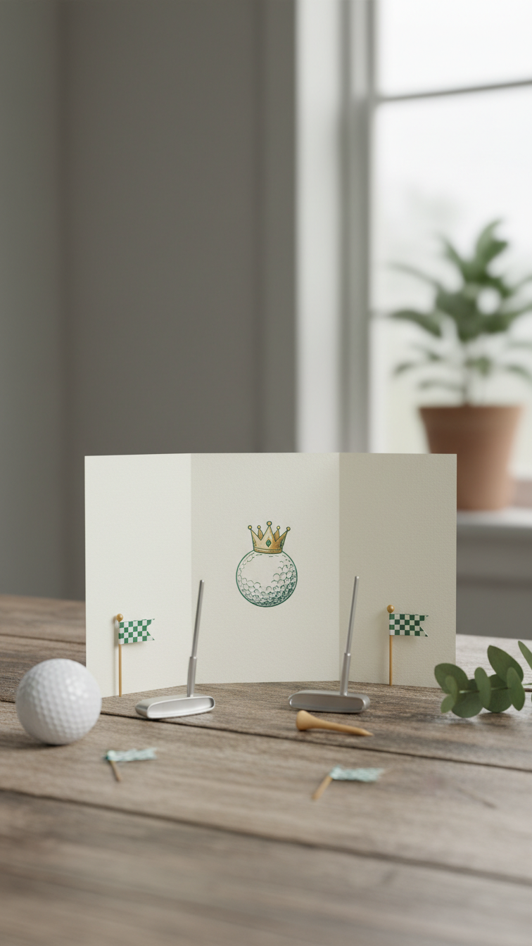 Close-Up Of Elegant Golf Party Invitation Card With Golf Ball Crown Graphic Surrounded By Miniature Flags And Putter On Rustic Wooden Table