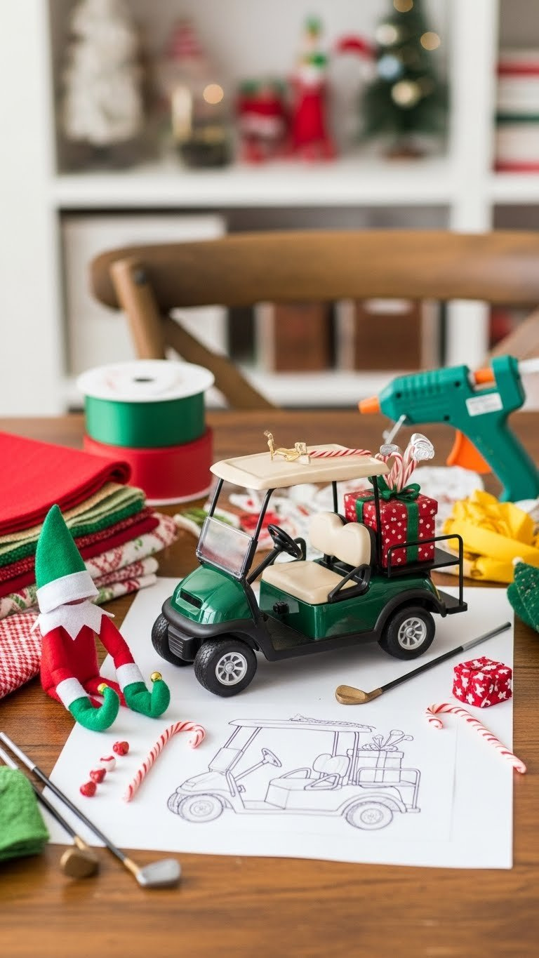 Close-Up Of Elf Christmas Golf Cart Mood Board With Fabric Swatches, Miniature Elf Costume Pieces, And Golf Cart Sketches On Rustic Wooden Table