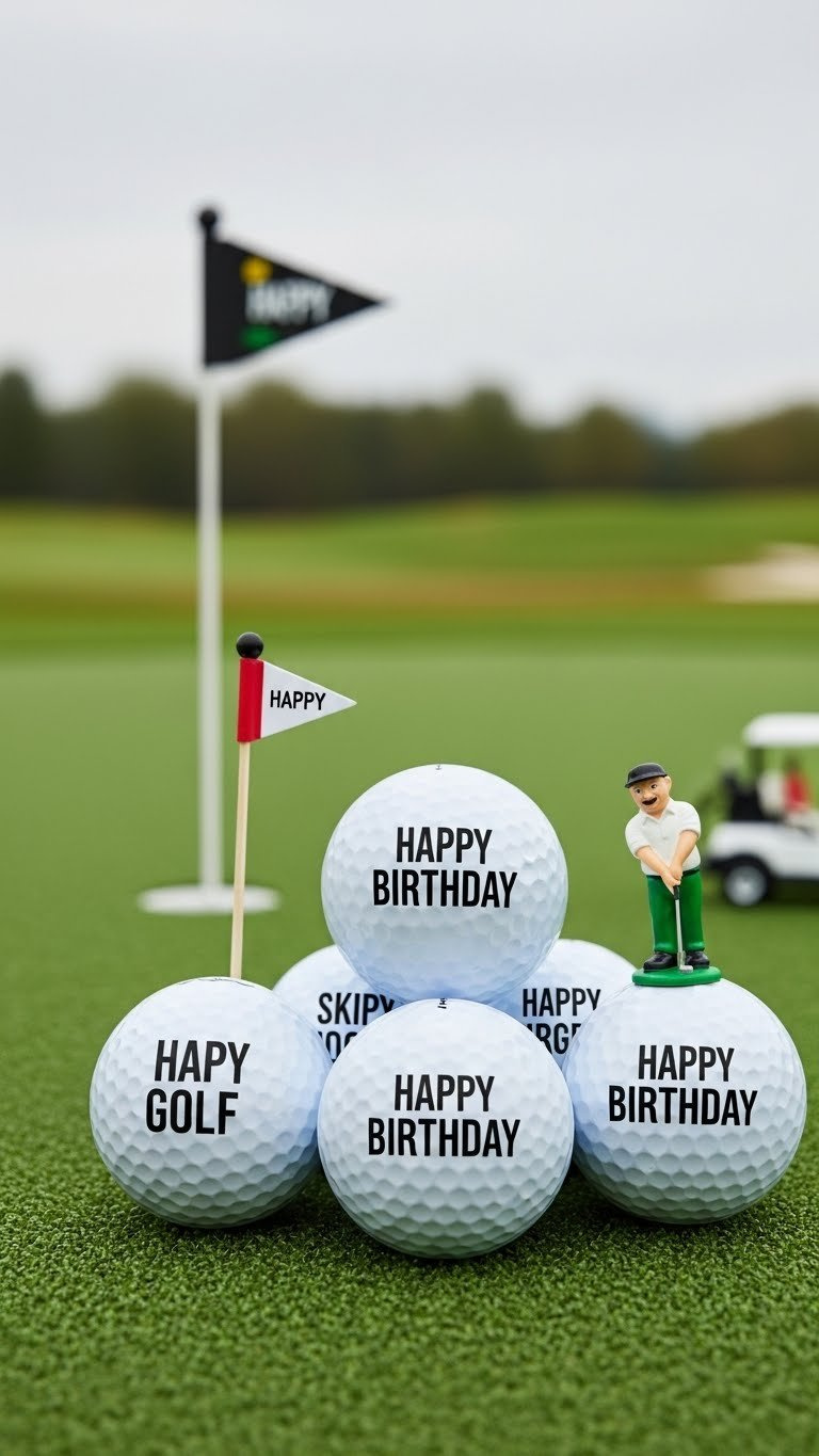Close-Up Of Funny Message Golf Balls With Witty Quotes Arranged On Green Artificial Turf With Playful Golf Course Background.