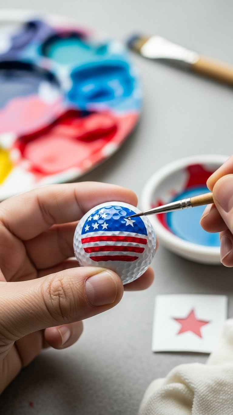 American Flag Golf Balls: Ultimate Buying &Amp; Diy Guide Close-Up Of Gloved Hand Meticulously Painting White Star On American Flag Golf Ball With Fine-Tipped Brush.