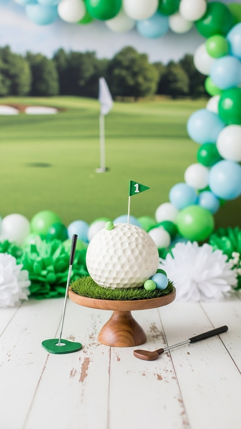 Close-Up Of Golf Ball Smash Cake For First Birthday With Artificial Grass And Balloon Garland Backdrop