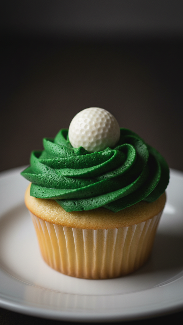 Close-Up Of Green Grass Frosting Cupcake Topped With White Candy Golf Ball On Simple White Plate Against Dark Background.