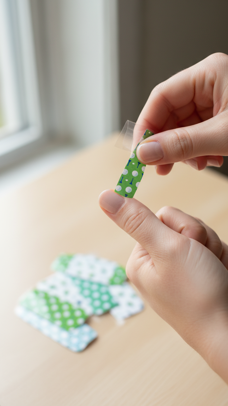Close-Up Of Hand Applying Golf-Themed Nail Wrap With Balls And Tees Pattern On Clean Tabletop With Diy Setup