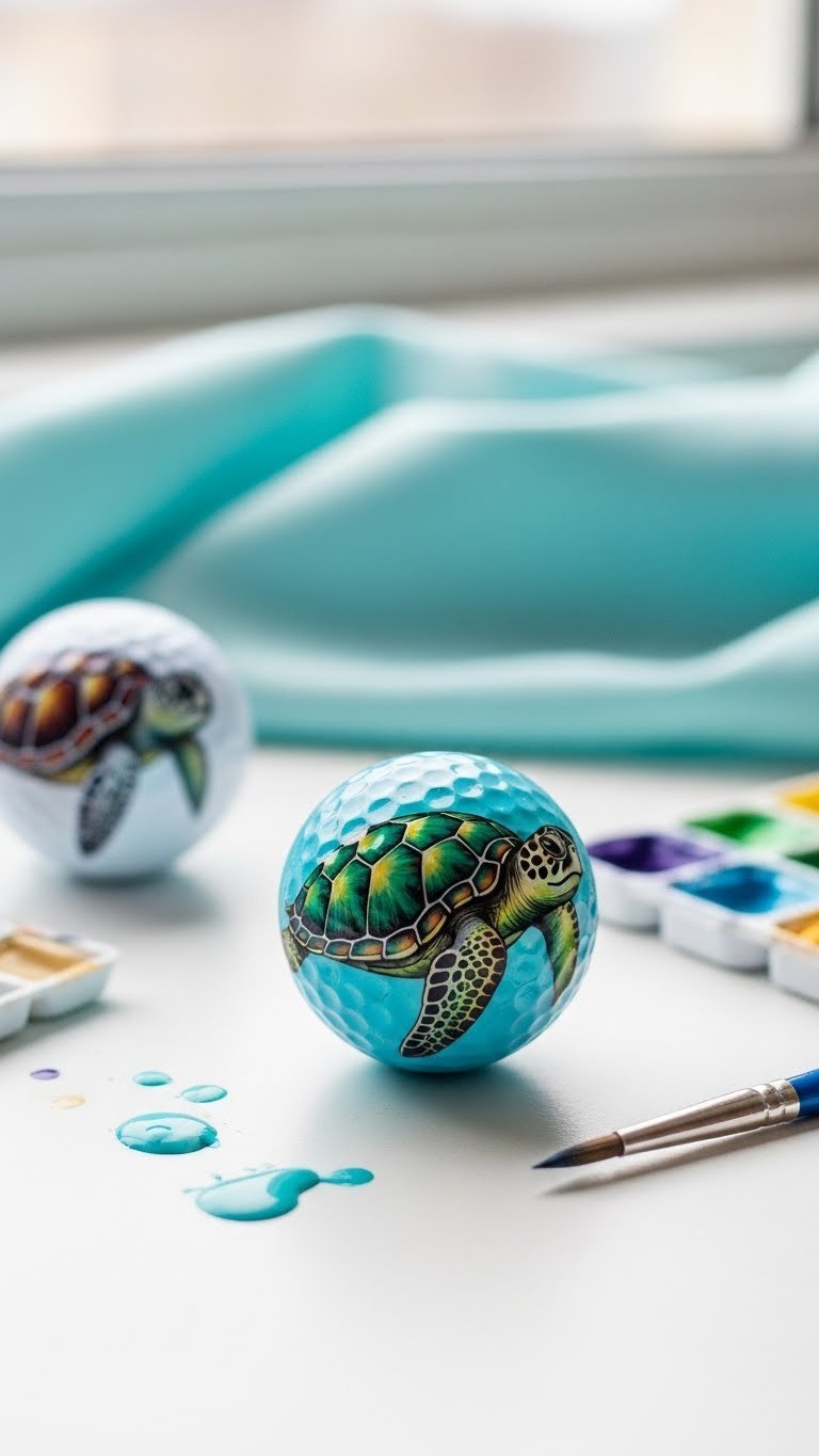Close-Up Of Hand-Painted Golf Ball Featuring Intricate Sea Turtle Design With Oceanic Colors On White Surface With Paintbrush.