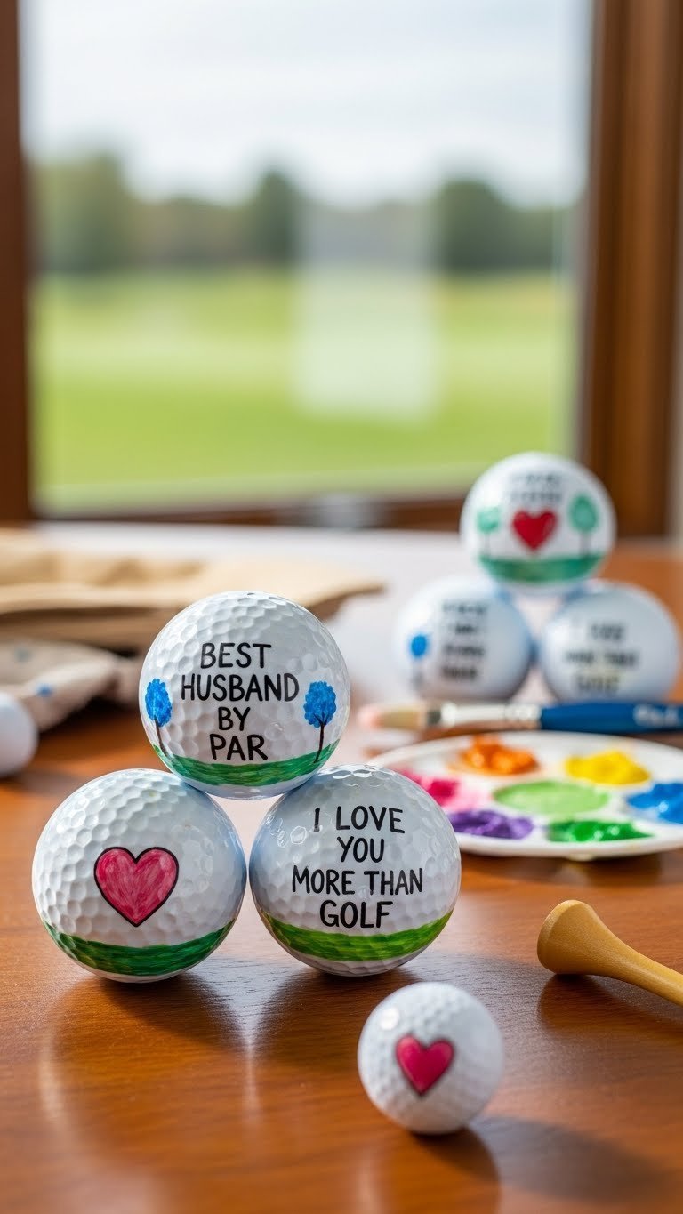 Decorated Golf Balls For Husband: Lasting &Amp; Unique Gifts Close-Up Of Hand-Painted Golf Balls With Heartfelt Messages On Rustic Wooden Table Using Soft Natural Window Lighting And Bokeh Background
