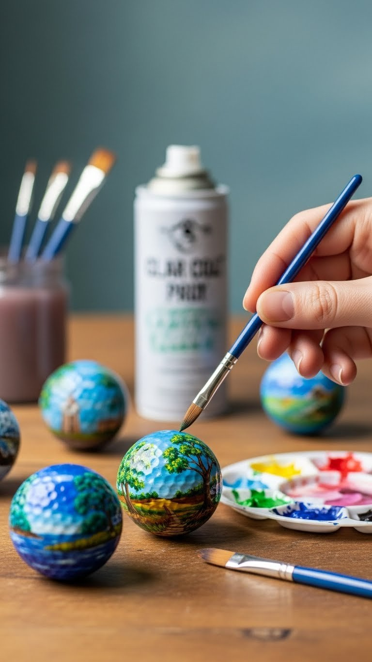 Close-Up Of Hand-Painted Golf Balls With Intricate Landscapes And Patterns On Rustic Wooden Table With Artist Tools In Soft Background.