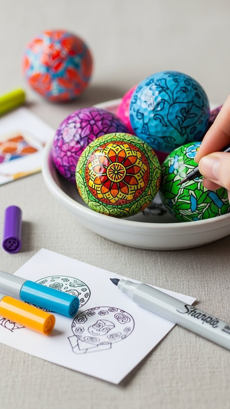 Close-Up Of Hand-Painted Golf Balls With Vibrant Intricate Designs Using Fine-Tipped Markers On White Ceramic Dish With Art Supplies.