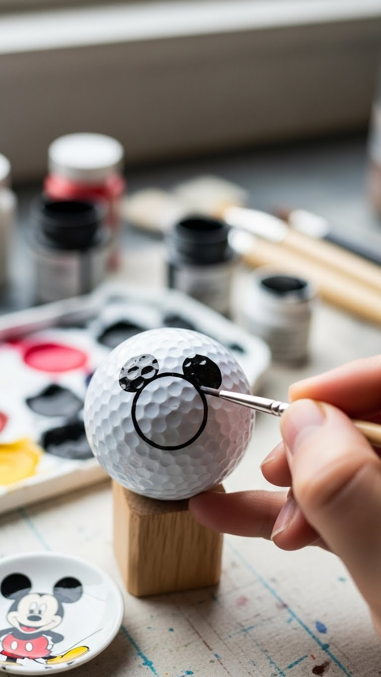 Close-Up Of Hand Painting Mickey Mouse Silhouette On White Golf Ball Using Fine Brush