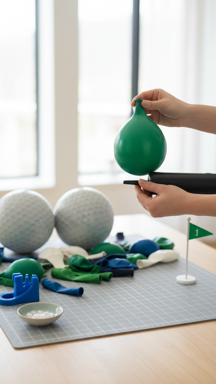 Close-Up Of Hands Inflating Green Latex Balloon With Electric Pump Surrounded By Golf-Themed Uninflated Balloons