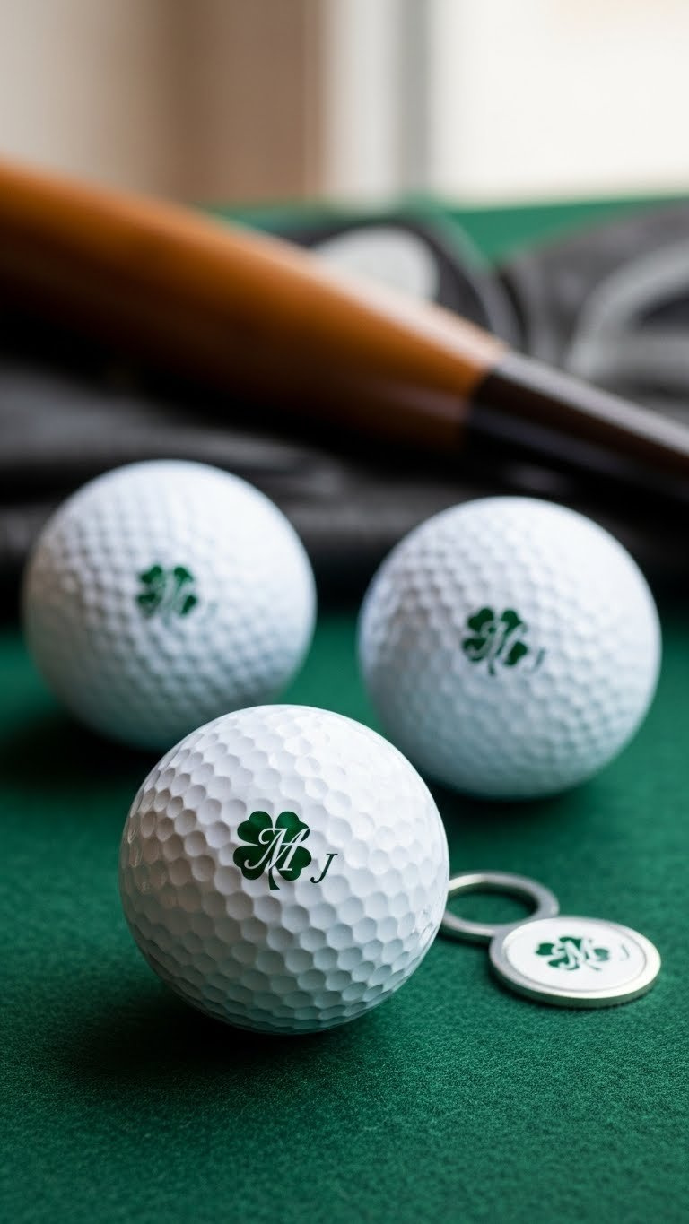 Close-Up Of Monogrammed Clover Golf Balls On Dark Green Felt With Leather Glove And Silver Ball Marker In Bokeh Background