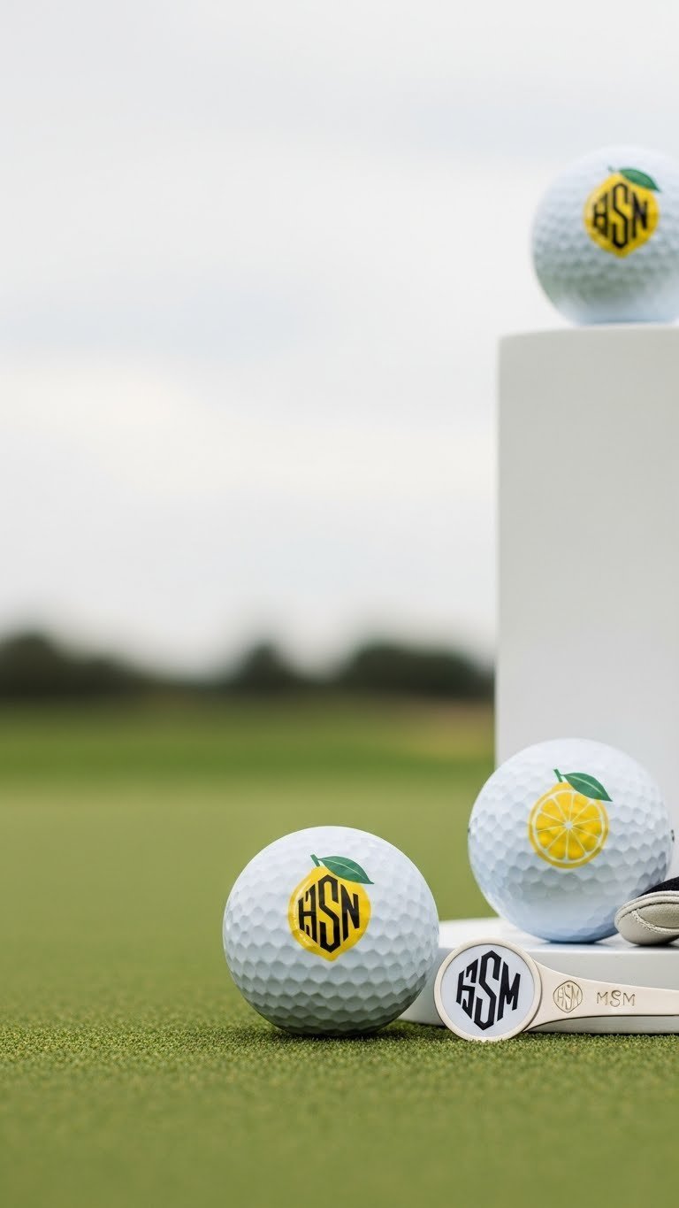 Vibrant Lemon Golf Balls: 7 Genius Decoration Ideas Close-Up Of Monogrammed Lemon Golf Balls With Elegant Yellow Designs On White Golf Green With Soft Bokeh Background.