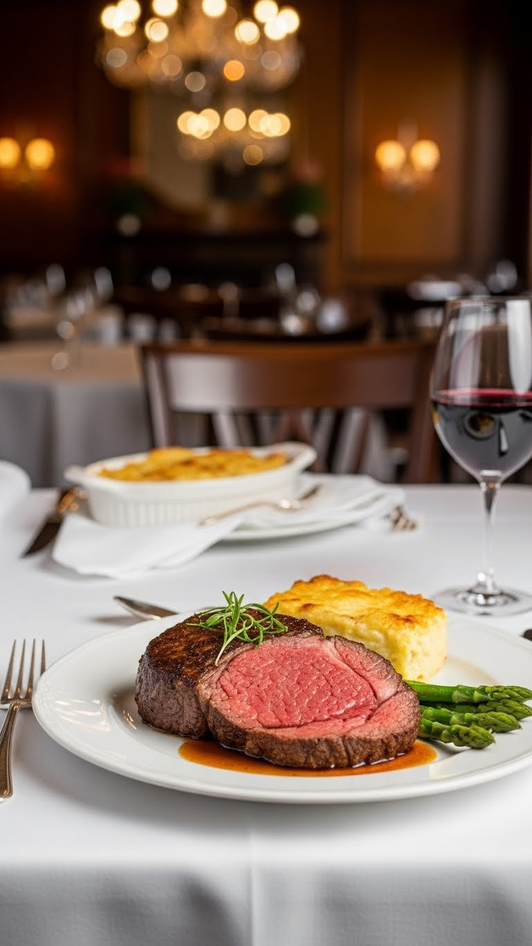 Close-Up Of Perfectly Cooked Prime Rib With Gratin Dauphinois And Asparagus On Elegant China Plate In Country Club Dining Room