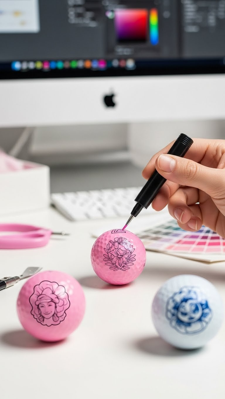 Close-Up Of Pink Decorated Golf Balls Being Customized With Intricate Designs In A Professional Printing Studio Workspace
