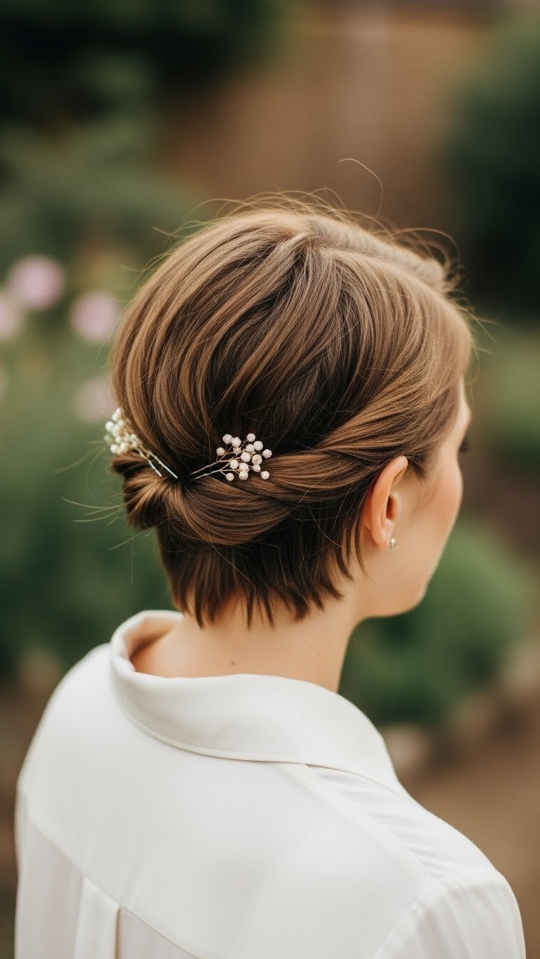 Close-Up Of Short Hair Styled In Elegant Twisted Half-Up With Decorative Pins In Garden Setting