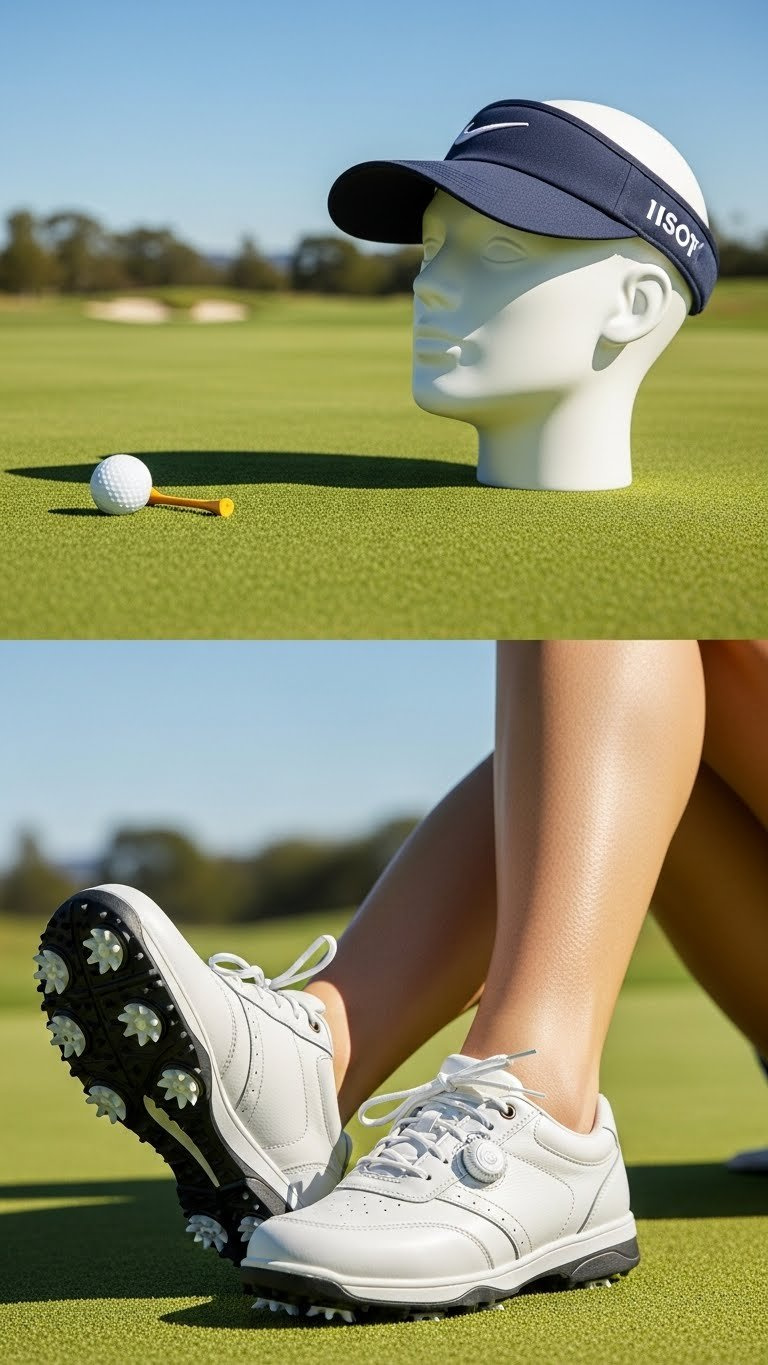 Close-Up Of Supportive Golf Shoes And Stylish Visor On Lush Putting Green With Blurred Background