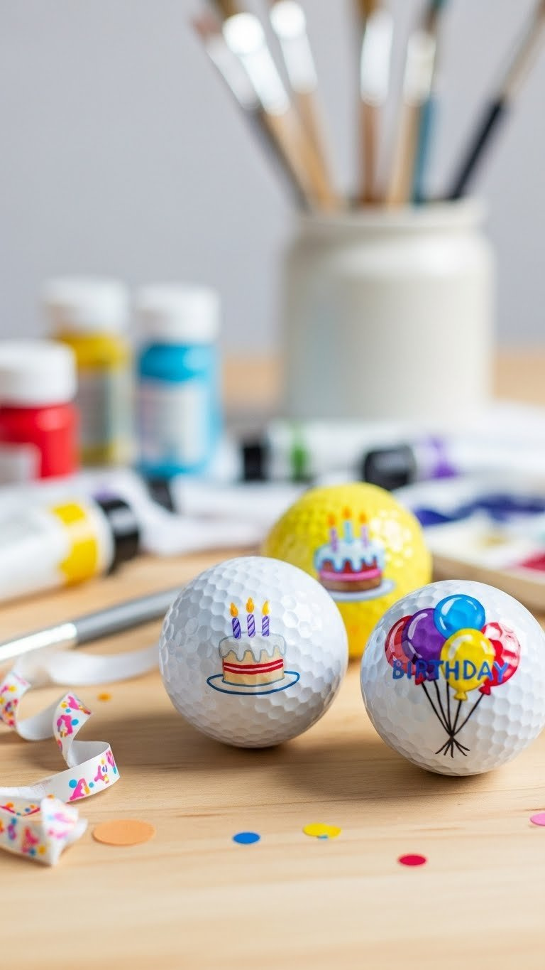Close-Up Of Three Hand-Painted Birthday Golf Balls With Vibrant Cake And Balloon Designs On A Light Wood Surface With Soft Bokeh Background.