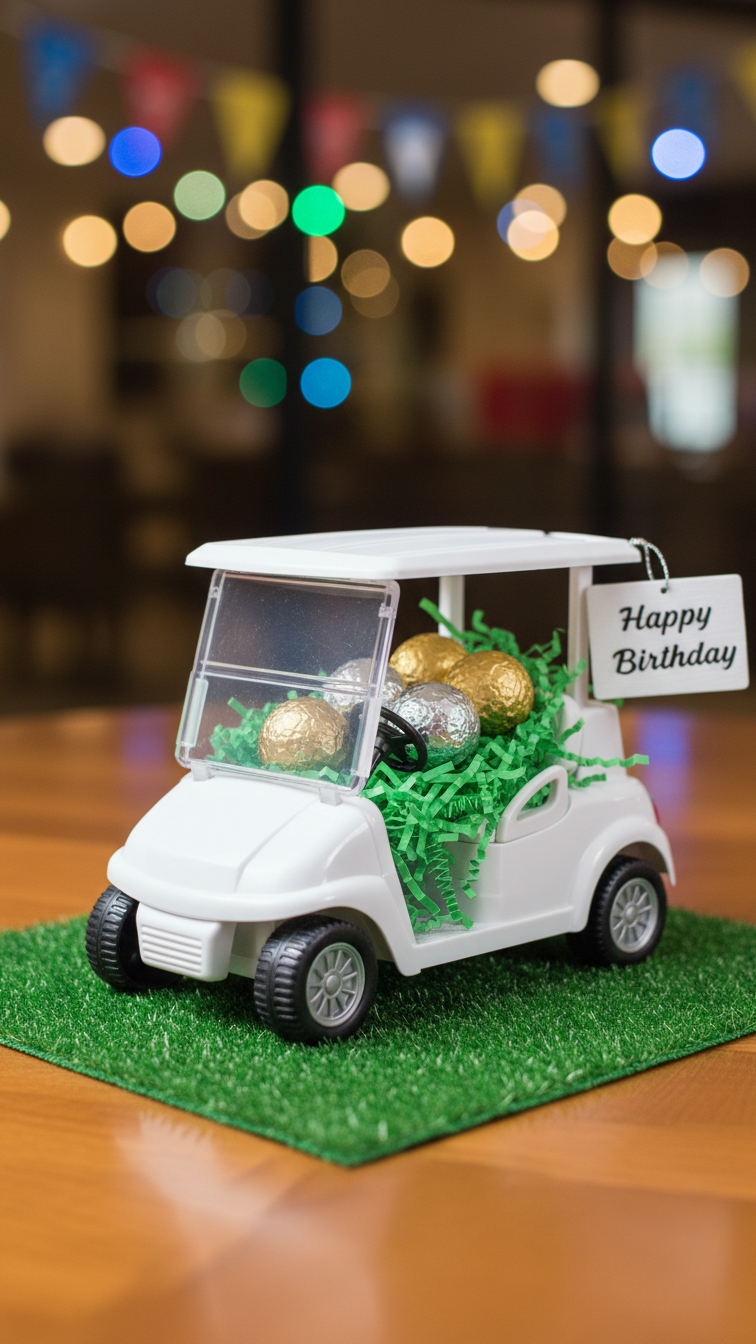 Close-Up Of Toy Golf Cart Centerpiece With Chocolate Golf Balls And Just Married Sign On Artificial Turf